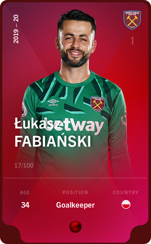 Sorare - Sorare Official - Łukasz Fabiański 2019-20 • Rare 17/100 - NFT # 32686591886574332581630886213100601110552700404744870205871416810920188127838