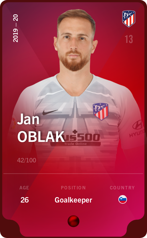 Sorare - Sorare Official - Jan Oblak 2019-20 • Rare 42/100 - NFT # 42157538061561391146996300980883240040026572408003552213097017176130764190616