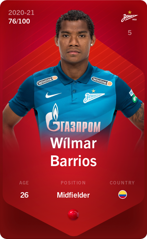 Sorare - Sorare Official - Wílmar Barrios 2020-21 • Rare 76/100 - NFT # 109009211779386226308757477963452229155072764587015005794133713931078099953441