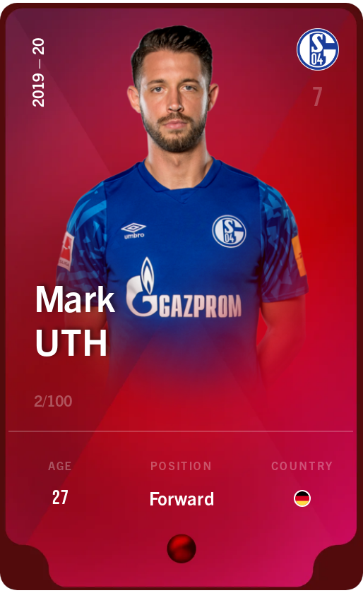Sorare - Sorare Official - Mark Uth 2019-20 • Rare 2/100 - NFT # 55258635284149903048199528802681675291950933694101345683868219869250640566096