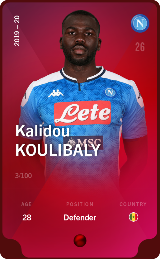 Sorare - Sorare Official - Kalidou Koulibaly 2019-20 • Rare 3/100 - NFT # 42905309322031974776960686273923954284583899647063625714906014281625982323827