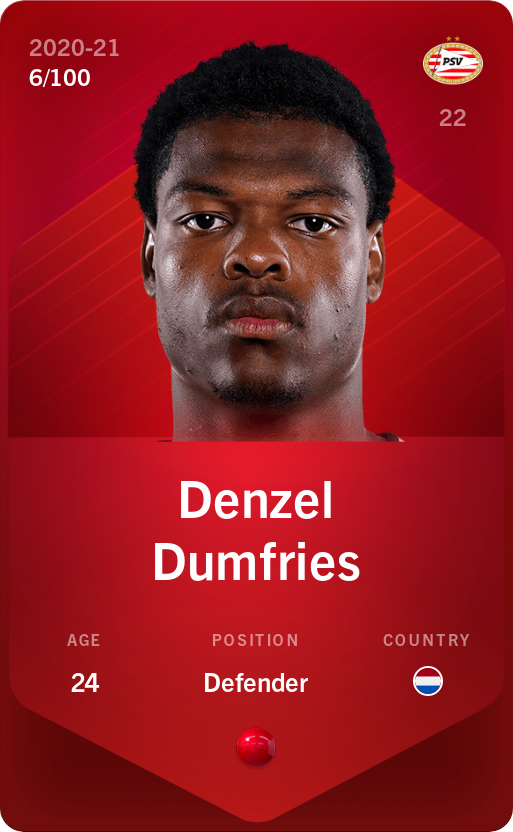 Sorare - Sorare Official - Denzel Dumfries 2020-21 • Rare 6/100 - NFT # 47374338980209060509236192198970090845564847502140763279954428895242052064701