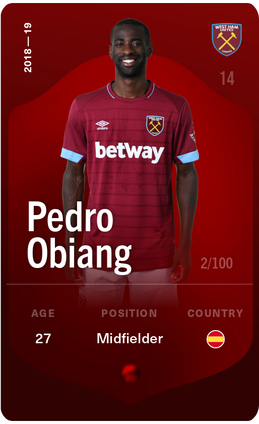 Sorare - Sorare Official - Pedro Obiang 2018-19 • Rare 2/100 - NFT # 56463915669024969518641544810200733807141525239979284798012982175839071845603