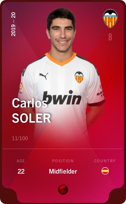 Sorare - Sorare Official - Carlos Soler 2019-20 • Rare 11/100 - NFT # 108025925798509048762708841415233849602476029913366647733248624671572989579451