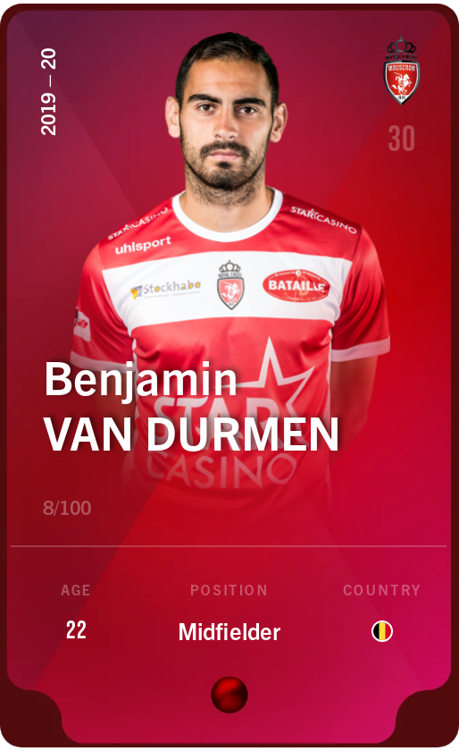 Sorare - Sorare Official - Benjamin Van Durmen 2019-20 • Rare 8/100 - NFT # 89694957573146951544058318033464783541638518744143123529322871652180882514279