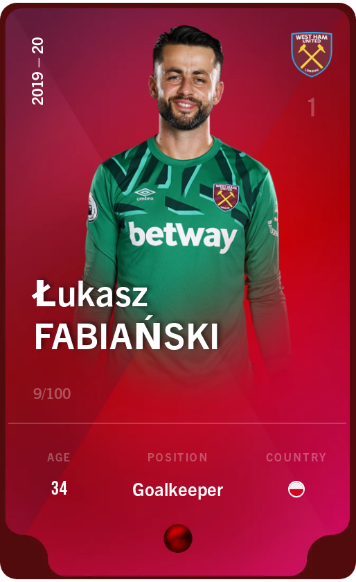 Sorare - Sorare Official - Łukasz Fabiański 2019-20 • Rare 9/100 - NFT # 79917027607243942865261408964890367084697476071048305612634672814358899953170