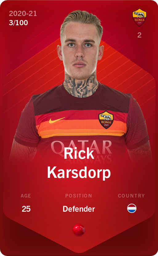Sorare - Sorare Official - Rick Karsdorp 2020-21 • Rare 3/100 - NFT # 74937977021241497040664790410449026502994795362922667625474322446624920799564