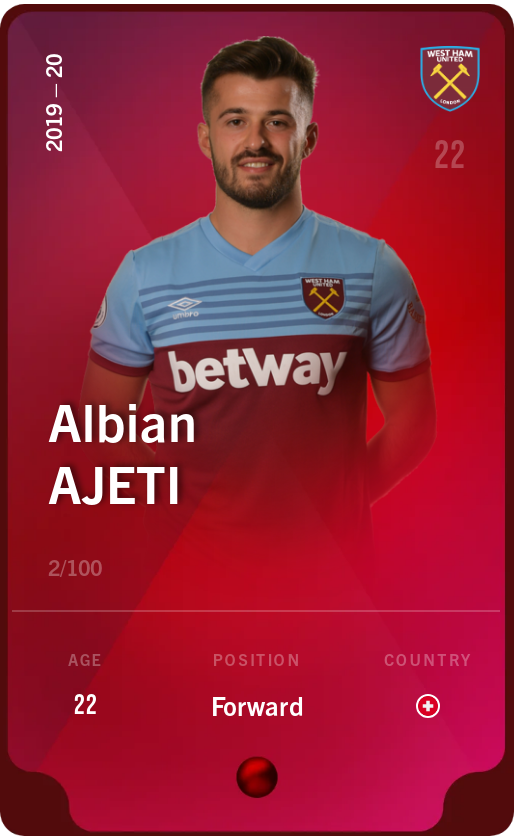 Sorare - Sorare Official - Albian Ajeti 2019-20 • Rare 2/100 - NFT # 78146573254006112237169231228956851382396525876309589297511624012081986327621