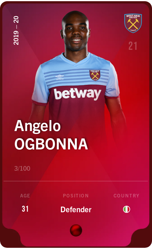 Sorare - Sorare Official - Angelo Ogbonna 2019-20 • Rare 3/100 - NFT # 26066810825059570639119124363594321414185225575716688975455261318907805129350