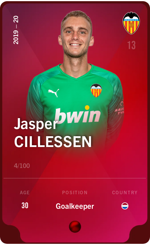 Sorare - Sorare Official - Jasper Cillessen 2019-20 • Rare 4/100 - NFT # 76268539253884227295678366190883262887310165275247845862058588558677448188442