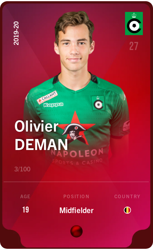 Sorare - Sorare Official - Olivier Deman 2019-20 • Rare 3/100 - NFT # 10197346525895202699086521284199590543623271103213078272166511827734093436783