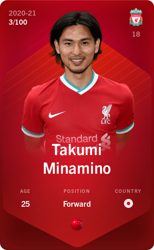 Sorare - Sorare Official - Takumi Minamino 2020-21 • Rare 3/100 - NFT # 86321472098454604133303227689166332138141670731137398671129503481172274711207
