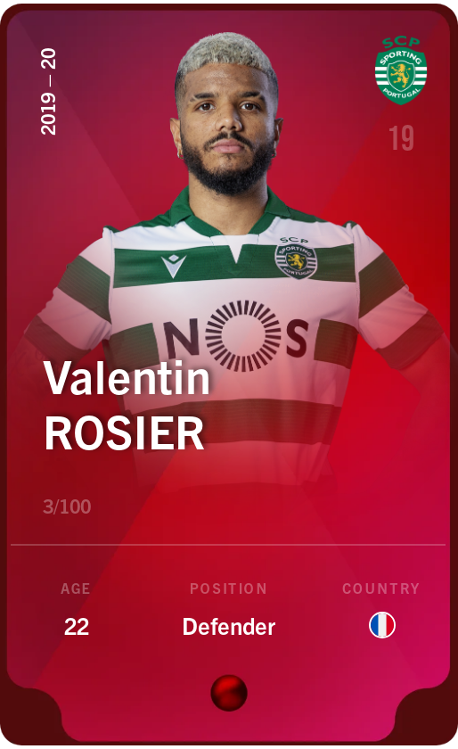 Sorare - Sorare Official - Valentin Rosier 2019-20 • Rare 3/100 - NFT # 96418180468123924549419101912618414404788532043364382476795845049324376567243