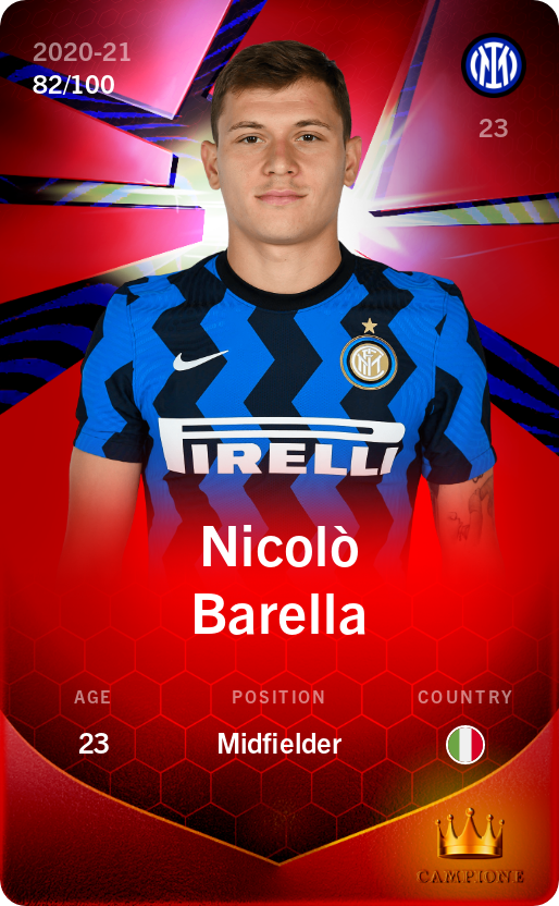 Sorare - Sorare Official - Nicolò Barella 2020-21 • Rare 82/100 - NFT # 21395796487836075519864354864282765290970553976251695804752883344537642911130