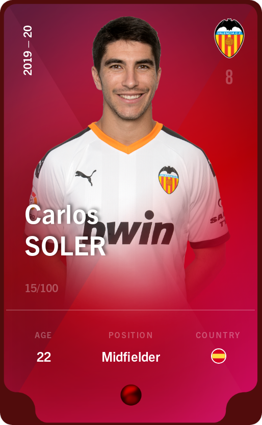 Sorare - Sorare Official - Carlos Soler 2019-20 • Rare 15/100 - NFT # 89766239564108151562937363518779240093066712909465675684462571356169700815158