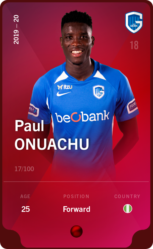 Sorare - Sorare Official - Paul Onuachu 2019-20 • Rare 17/100 - NFT # 72878736179629728572135772063172255918450154628424788809790902858220248939381