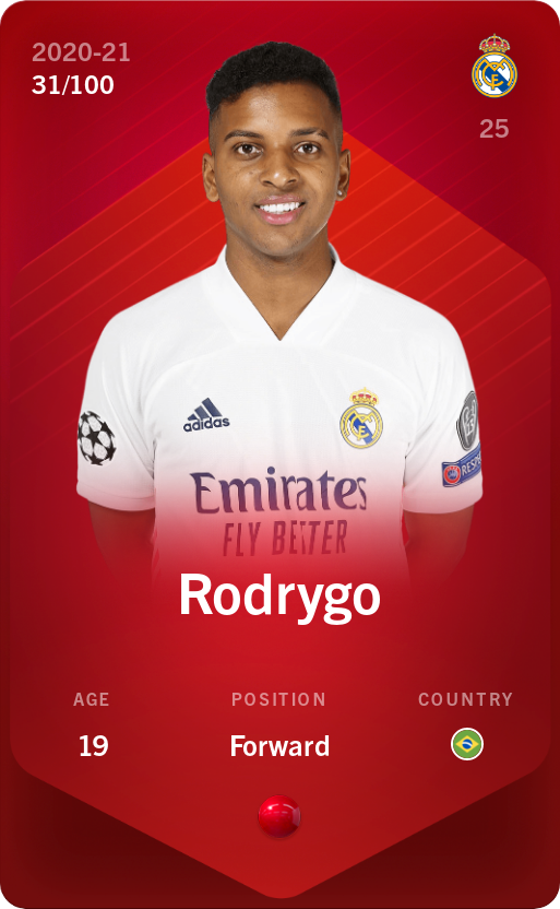 Sorare - Sorare Official - Rodrygo 2020-21 • Rare 31/100 - NFT # 69219689780917190409261169366116787933737625820036983027246215396893141768402