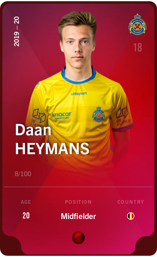Sorare - Sorare Official - Daan Heymans 2019-20 • Rare 8/100 - NFT # 101759790816981690455510894361957523852994795805626479090283922757270132473857