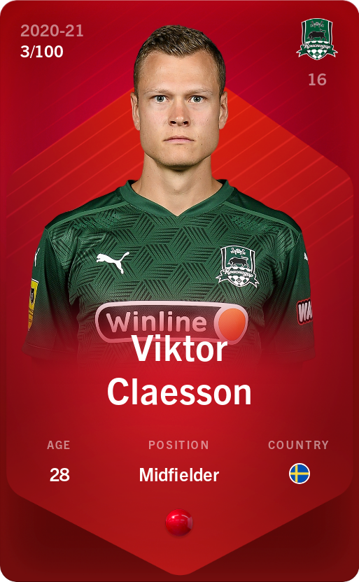 Sorare - Sorare Official - Viktor Claesson 2020-21 • Rare 3/100 - NFT # 33720627625877192588515523578778286400883226845232324239142025134136946396561