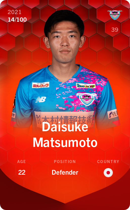 Sorare - Sorare Official - Daisuke Matsumoto 2021-22 • Rare 14/100 - NFT # 28969484739685419826676843383148437918234562397125357426046766518934627042269