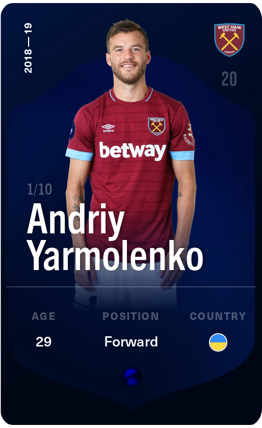 Sorare - Sorare Official - Andriy Yarmolenko 2018-19 • Super Rare 1/10 - NFT # 80908779217099269945802980947105965079630740971279528193638384588497828037375