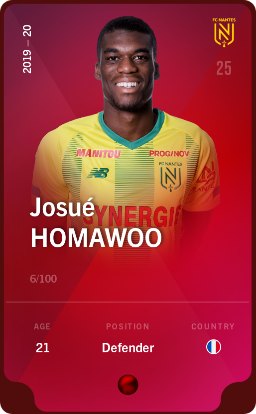 Sorare - Sorare Official - Josué Homawoo 2019-20 • Rare 6/100 - NFT # 68809418026226961935194455914988547871121918134112471365946171808642947113644