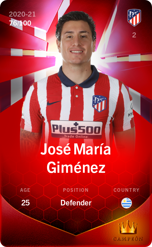 Sorare - Sorare Official - José María Giménez 2020-21 • Rare 76/100 - NFT # 90601529283975792173812344484140521325309379382151575599592086225089495525227