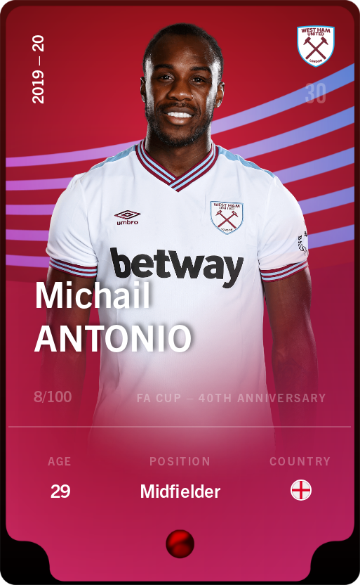 Sorare - Sorare Official - Michail Antonio 2019-20 • Rare 8/100 - NFT # 28621871095023873341555350918582419143997407182061403610319035343642723657871
