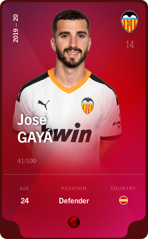 Sorare - Sorare Official - José Gayá 2019-20 • Rare 41/100 - NFT # 66678577753992169889387679931478074875178715300545901956082683464856520627240