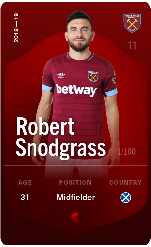 Sorare - Sorare Official - Robert Snodgrass 2018-19 • Rare 1/100 - NFT # 72214226624875491251553454122486312335320885809003909576387447235751675667367