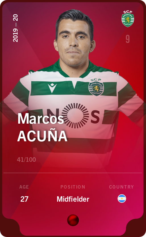 Sorare - Sorare Official - Marcos Acuña 2019-20 • Rare 41/100 - NFT # 41555842293905115030284512545060808175773893958695807511357415447885993566461