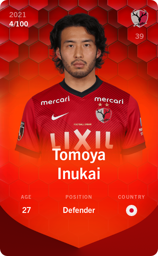 Sorare - Sorare Official - Tomoya Inukai 2021-22 • Rare 4/100 - NFT # 85389248768743799922701946842081042597581741749955983290630173855473679807260