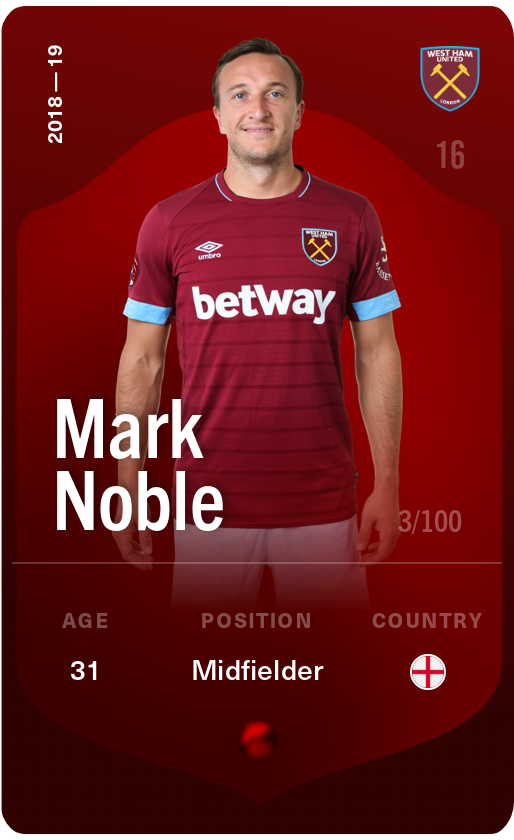 Sorare - Sorare Official - Mark Noble 2018-19 • Rare 3/100 - NFT # 42120078562514597646325014431669341999388895684846976672322333653774862132416