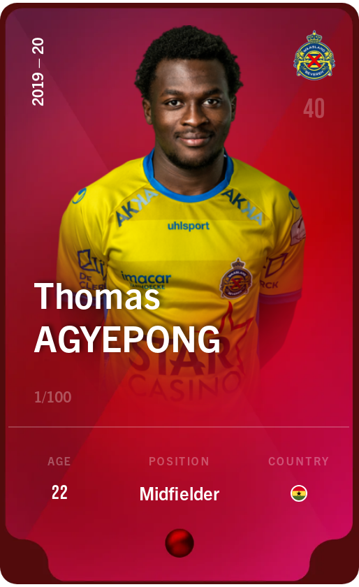 Sorare - Sorare Official - Thomas Agyepong 2019-20 • Rare 1/100 - NFT # 26666693370605912453073865776919671030171920477046752103659133668739682717593