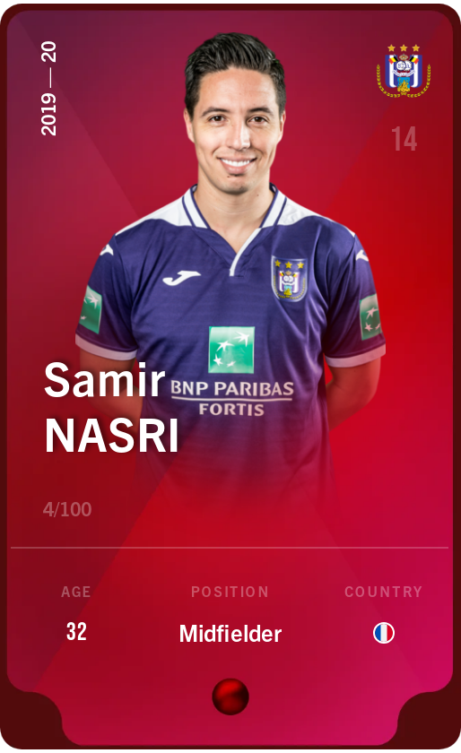 Sorare - Sorare Official - Samir Nasri 2019-20 • Rare 4/100 - NFT # 17809481663131230256701033706618730030439414176215918558981214219585463783164