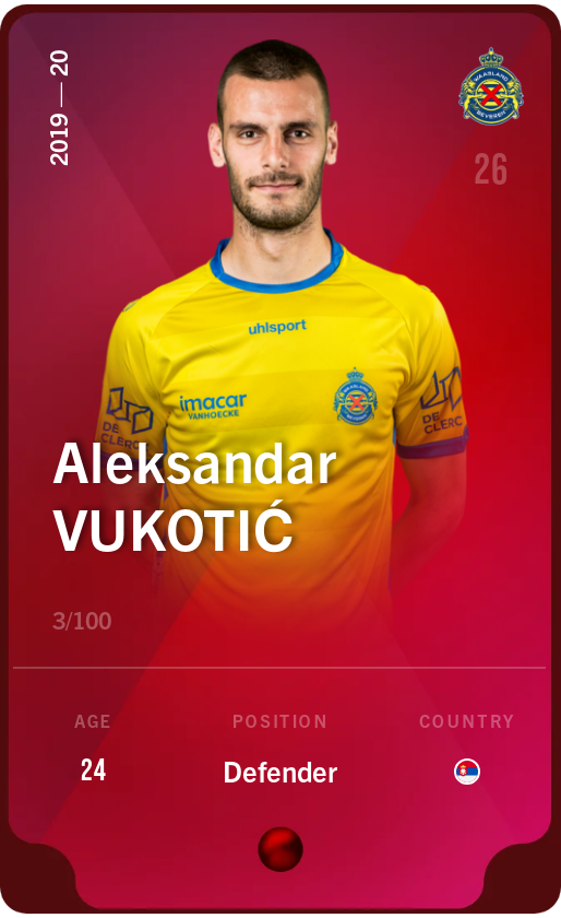 Sorare - Sorare Official - Aleksandar Vukotić 2019-20 • Rare 3/100 - NFT # 27075433469608176205046224338907185215285036576614177131528888761078503561432