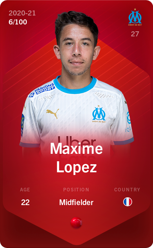Sorare - Sorare Official - Maxime Lopez 2020-21 • Rare 6/100 - NFT # 112089553710008521824264019018220731506619585595691500861073075336153102665289