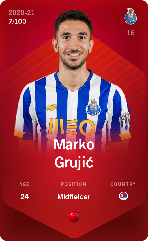 Sorare - Sorare Official - Marko Grujić 2020-21 • Rare 7/100 - NFT # 34100220496169345606368219625578948774651936595400515514713970453244594335718