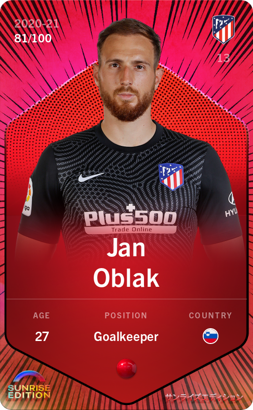 Sorare - Sorare Official - Jan Oblak 2020-21 • Rare 81/100 - NFT # 58878232742455693143667033235691528894413463284295479043143683168545941749880