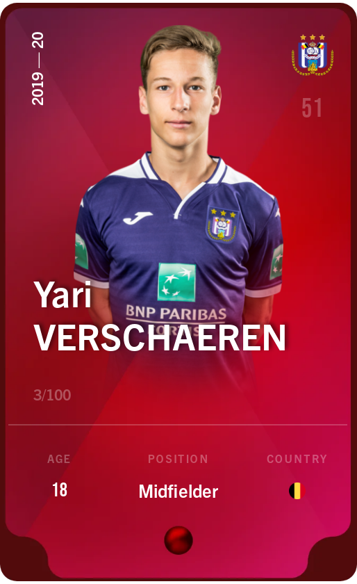 Sorare - Sorare Official - Yari Verschaeren 2019-20 • Rare 3/100 - NFT # 37847280699394005531131411537287079786651284115409280198790251050877174430841
