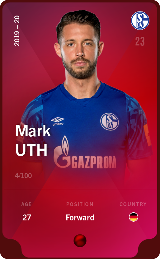 Sorare - Sorare Official - Mark Uth 2019-20 • Rare 4/100 - NFT # 65207526772151055365604195403758265968152679717125617010591466268860145354339