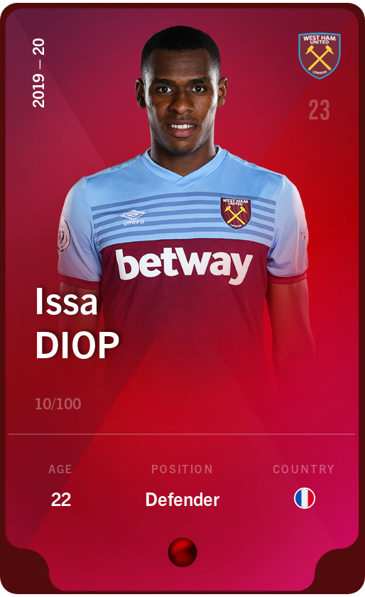 Sorare - Sorare Official - Issa Diop 2019-20 • Rare 10/100 - NFT # 10782846098040576984166890096685215896211387414611118069401402495676923596918