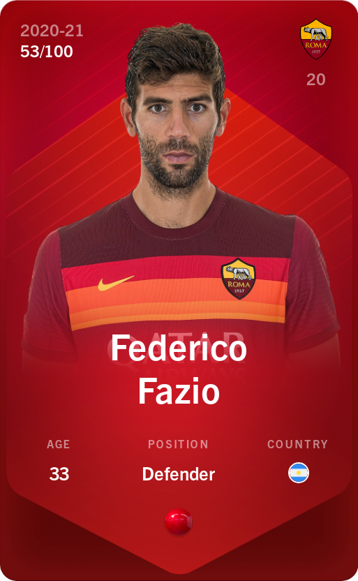 Sorare - Sorare Official - Federico Fazio 2020-21 • Rare 53/100 - NFT # 76051103081324011996031658122767181786211466201717829570486493849794896690263