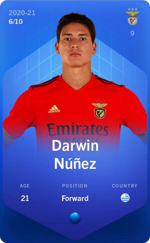 Sorare - Sorare Official - Darwin Núñez 2020-21 • Super Rare 6/10 - NFT # 73921721868614696616063758076184644101059604819487804756408603786393992807558
