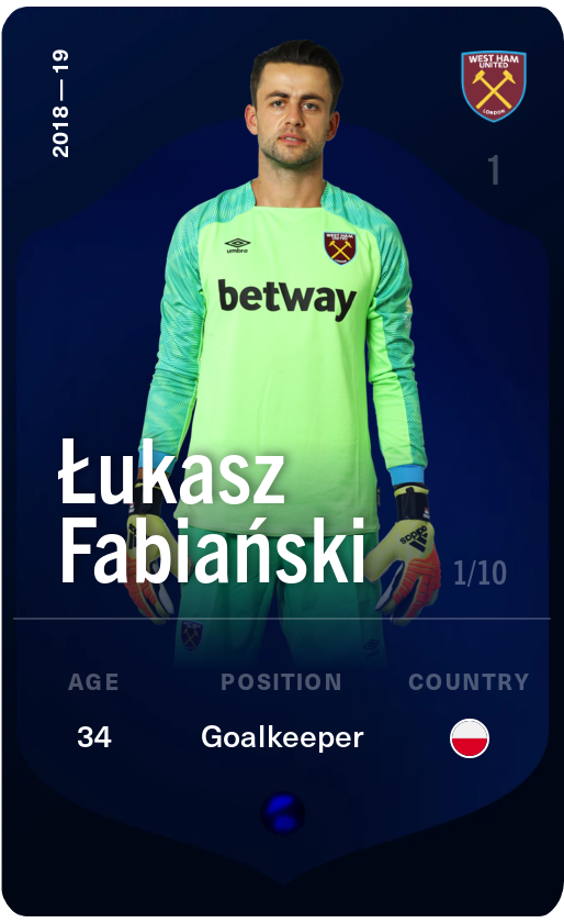 Sorare - Sorare Official - Łukasz Fabiański 2018-19 • Super Rare 1/10 - NFT # 63961684832099785123247479382338858419890175553918690165599679116008676518243