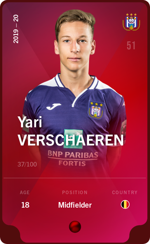 Sorare - Sorare Official - Yari Verschaeren 2019-20 • Rare 37/100 - NFT # 19339457711638287799114303848260390024197775723317705102104981954515063389754