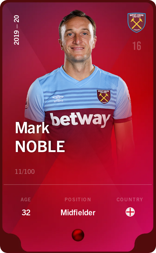 Sorare - Sorare Official - Mark Noble 2019-20 • Rare 11/100 - NFT # 94890728392794102680159612015786907386303834239865057778577941552905045359304