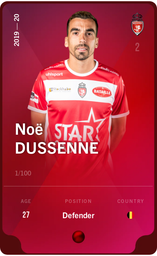 Sorare - Sorare Official - Noë Dussenne 2019-20 • Rare 1/100 - NFT # 11834296457430699408389076665682693784853066517844381578321010982725179502297