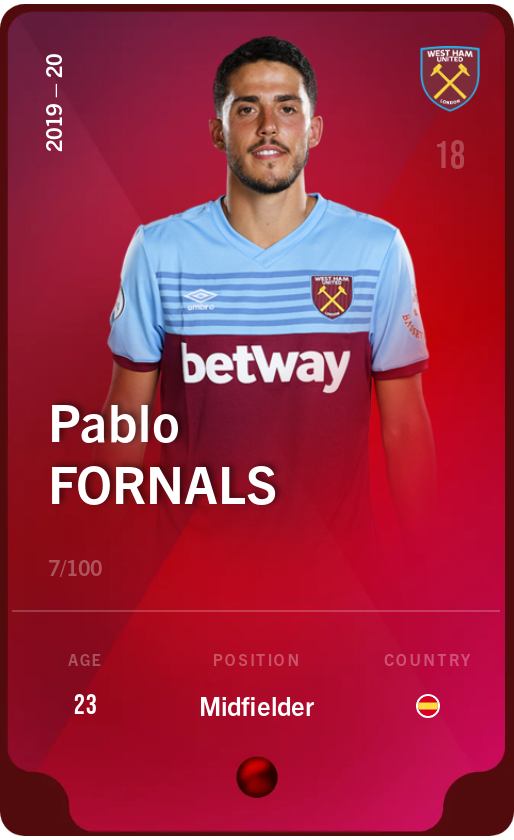 Sorare - Sorare Official - Pablo Fornals 2019-20 • Rare 7/100 - NFT # 29113401916955092512001112934834259794694863947826869108118793649654716572221