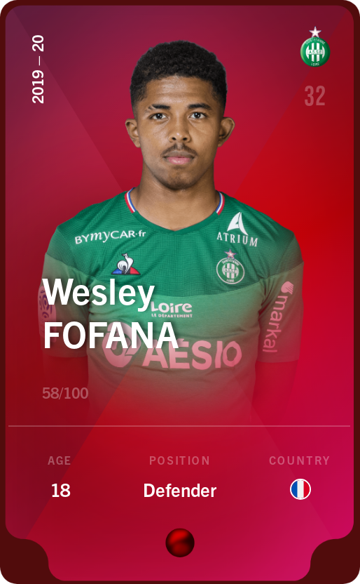 Sorare - Sorare Official - Wesley Fofana 2019-20 • Rare 58/100 - NFT # 10235596181255806028089260264056107128621228381387834024261339309909200506839